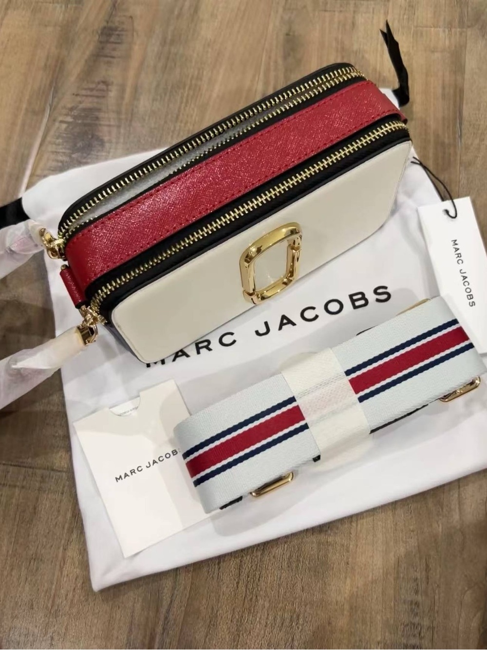 Marc Jacobs Red & White Camera Crossbody with Striped Strap